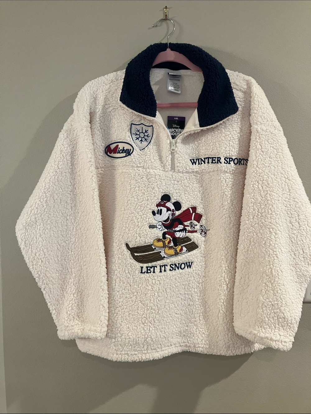 NWT Disney Cream Sherpa Pullover with Navy Collar and Mickey Patch
